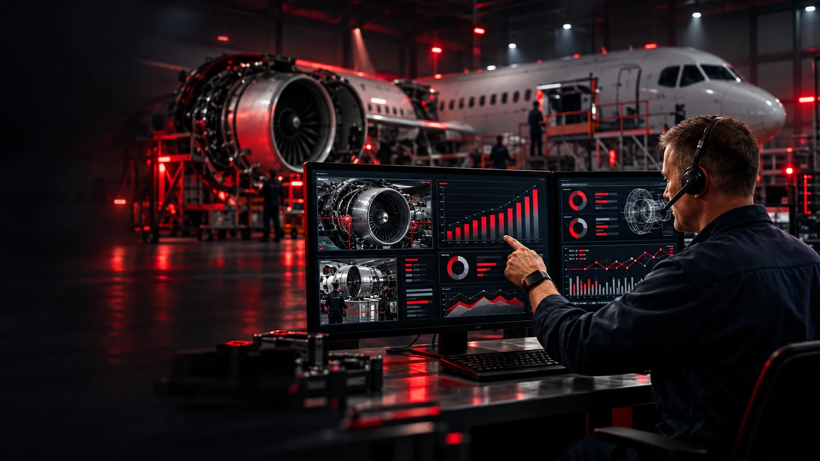 An aircraft maintenance engineer reviewing performance analytics beside a jet engine